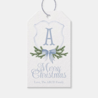 Blue Bow Merry Christmas Crest Gift Label - A Cadeaulabel
