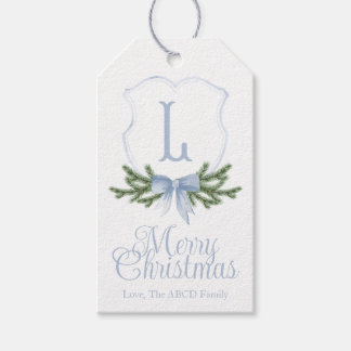 Blue Bow Merry Christmas Crest Gift Label - L Cadeaulabel
