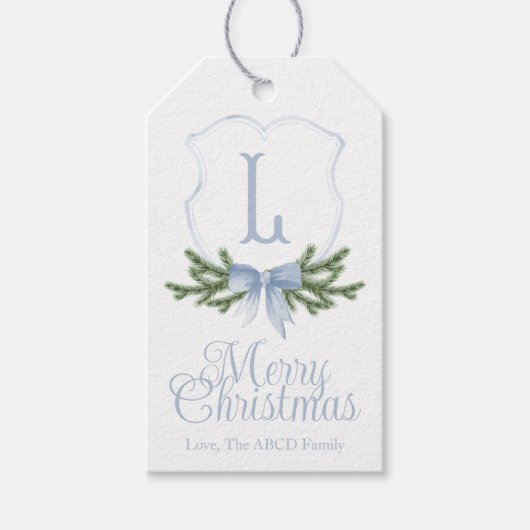 Blue Bow Merry Christmas Crest Gift Label - L Cadeaulabel (Voorkant)