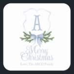 Blue Bow Merry Christmas Crest Sticker Label - A<br><div class="desc">Prachtig Kerst stickers geschenk label met een zacht blauw kerstkam ontwerp,  laatste initiaal en optionele achternaam personalisatie</div>
