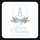 Blue Bow Merry Christmas Crest Sticker Label - A<br><div class="desc">Prachtig Kerst stickers geschenk label met een zacht blauw kerstkam ontwerp,  laatste initiaal en optionele achternaam personalisatie</div>