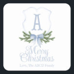 Blue Bow Merry Christmas Crest Sticker Label - A<br><div class="desc">Prachtig Kerst stickers geschenk label met een zacht blauw kerstkam ontwerp,  laatste initiaal en optionele achternaam personalisatie</div>