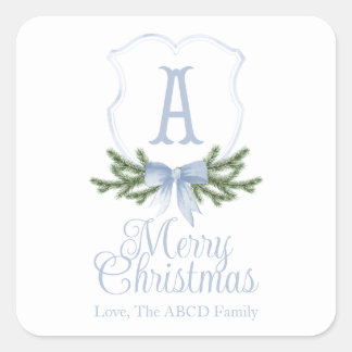 Blue Bow Merry Christmas Crest Sticker Label - A