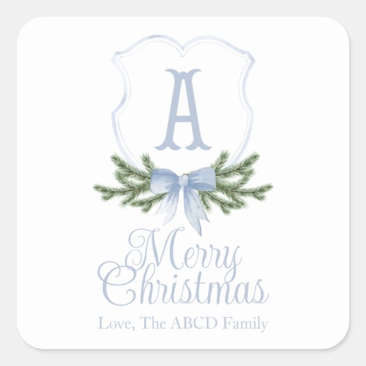 Blue Bow Merry Christmas Crest Sticker Label - A (Voorkant)