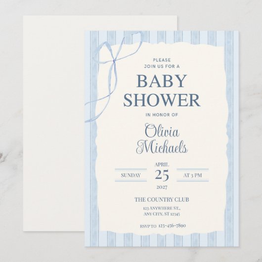 Blue Bow Minimalist Baby Shower Invitation Notitiekaartje (Voorkant / Achterkant)