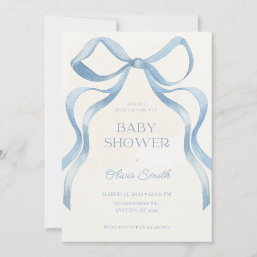 Blue Bow Minimalist Baby Shower Invitation Notitiekaartje (Voorkant)