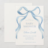 Blue Bow Minimalist Baby Shower Invitation Notitiekaartje (Voorkant / Achterkant)