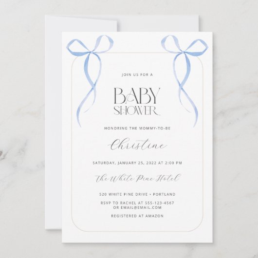 Blue Bow Minimalistisch Jongen Baby shower Kaart (Voorkant)