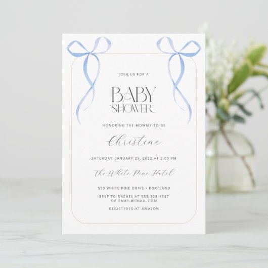 Blue Bow Minimalistisch Jongen Baby shower Kaart (Staand voorkant)