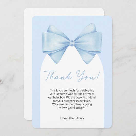 Blue Bow Modern Baby shower Dank u kaart (Voorkant / Achterkant)