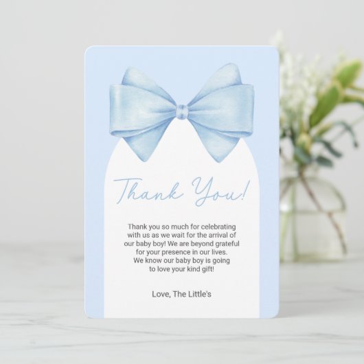 Blue Bow Modern Baby shower Dank u kaart (Staand voorkant)