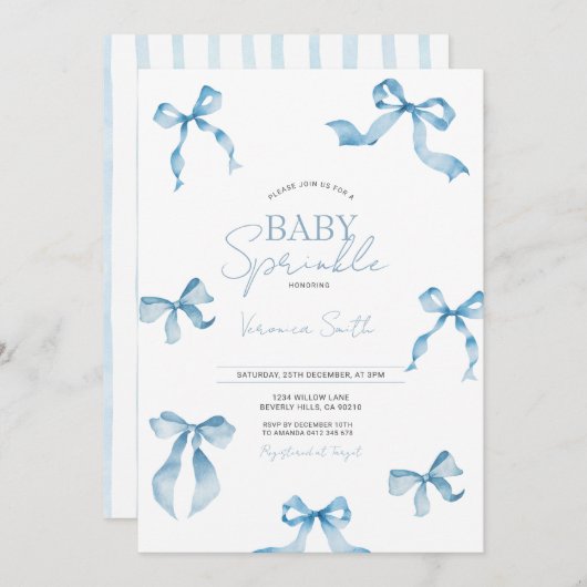 Blue Bow Modern Baby Sprinkle Kaart (Voorkant / Achterkant)