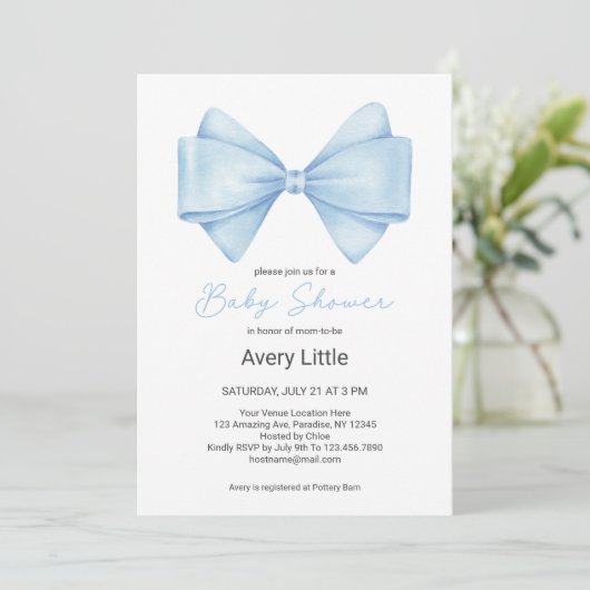 Blue Bow Modern Boy Baby shower Kaart (Staand voorkant)