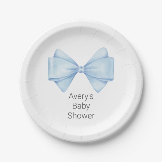 Blue Bow Modern Boy Baby shower Papieren Bordje (Voorkant)