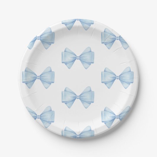 Blue Bow Modern Boy Baby shower Papieren Bordje (Voorkant)