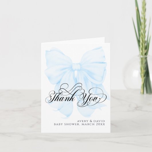Blue Bow Modern Elegant Boy Baby shower Bedankkaart (Voorkant)