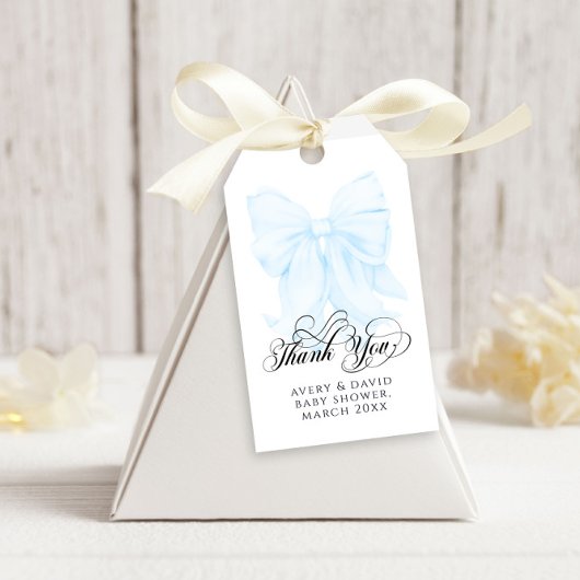 Blue Bow Modern Elegant Boy Baby shower Cadeaulabel
