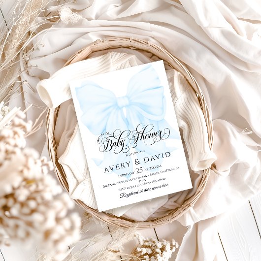 Blue Bow Modern Elegant Boy Baby shower Kaart