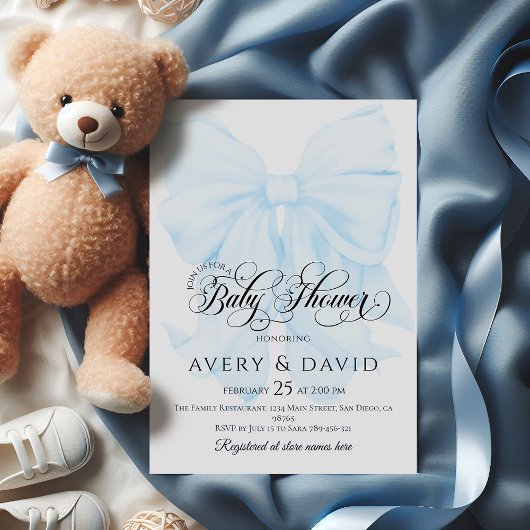 Blue Bow Modern Elegant Boy Baby shower Kaart