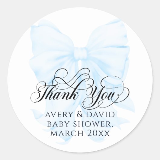 Blue Bow Modern Elegant Boy Baby shower Ronde Sticker (Voorkant)