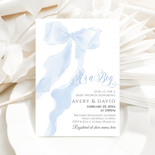 Blue Bow Modern Elegant Het is een Boy Baby shower Kaart