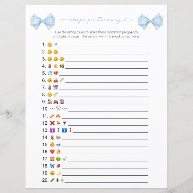 Blue Bow Modern Emoji Baby shower spel (Voorkant)