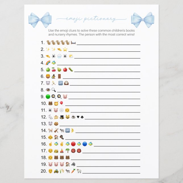 Blue Bow Modern Emoji Boeken Baby shower spel (Voorkant)