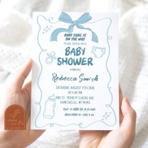 Blue Bow Modern Illustrated Boy Baby shower
