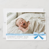 Blue Bow Modern Minimalist Script Baby Photo Birth Bedankkaart (Voorkant)