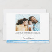 Blue Bow Modern Minimalist Script Baby Photo Birth Bedankkaart (Achterkant)