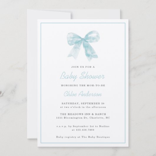 Blue Bow Modern Minimalistisch Jongen Baby shower Kaart (Voorkant)