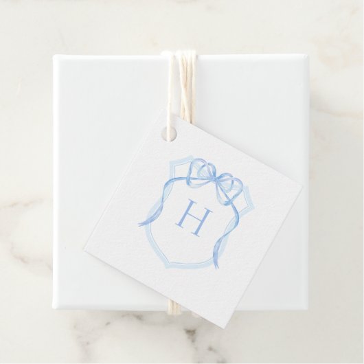 Blue Bow Monogram Crest Baby shower Bedankjes Labels (In situ)