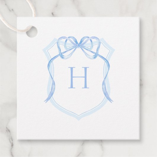 Blue Bow Monogram Crest Baby shower Bedankjes Labels (Voorkant)
