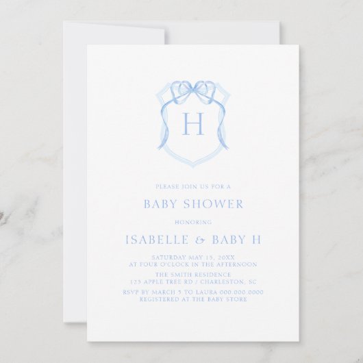 Blue Bow Monogram Crest Baby shower Kaart (Voorkant)