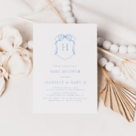 Blue Bow Monogram Crest Baby shower Kaart