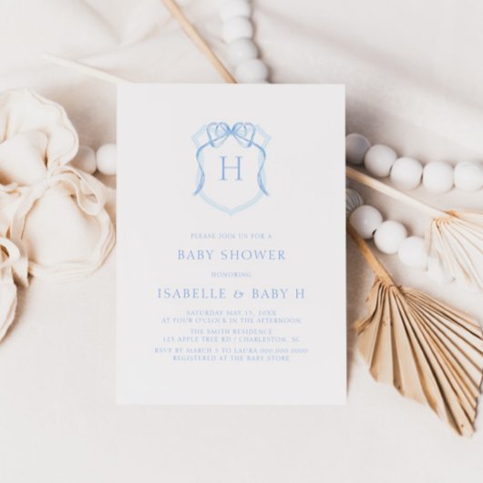 Blue Bow Monogram Crest Baby shower Kaart