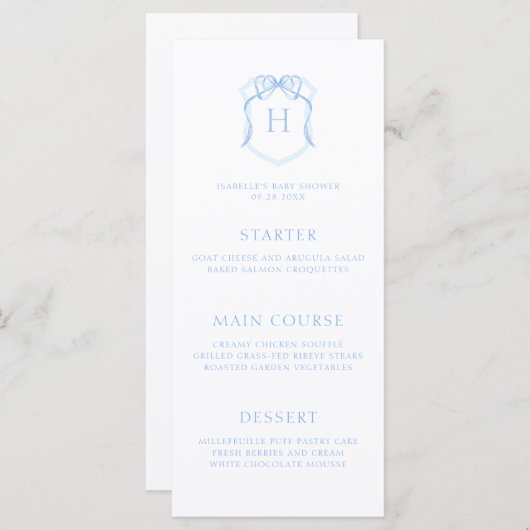 Blue Bow Monogram Crest Baby shower Menu (Voorkant / Achterkant)