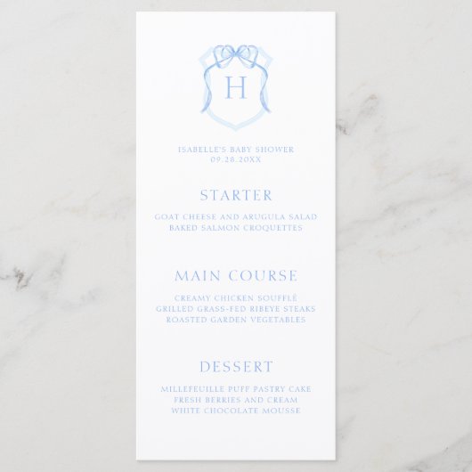 Blue Bow Monogram Crest Baby shower Menu (Voorkant)