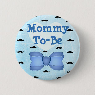 Blue Bow & Mustache Mama om Baby shower Button te