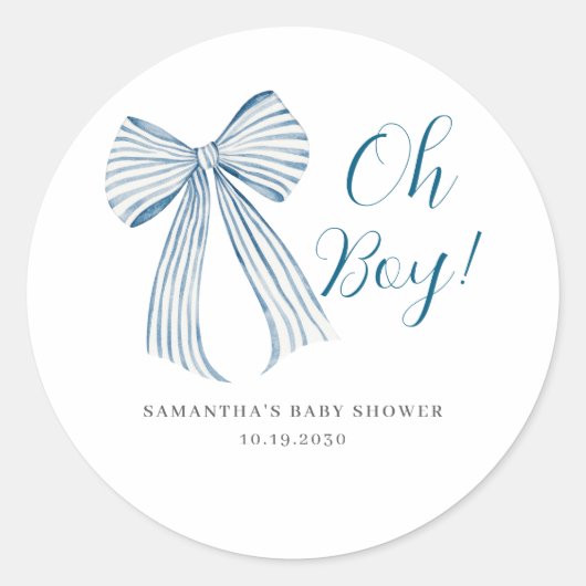 Blue Bow Oh Boy Baby shower Ronde Sticker (Voorkant)