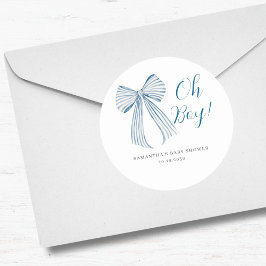 Blue Bow Oh Boy Baby shower Ronde Sticker