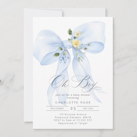 Blue Bow Oh Boy waterverf Baby Boy Shower Kaart (Voorkant)