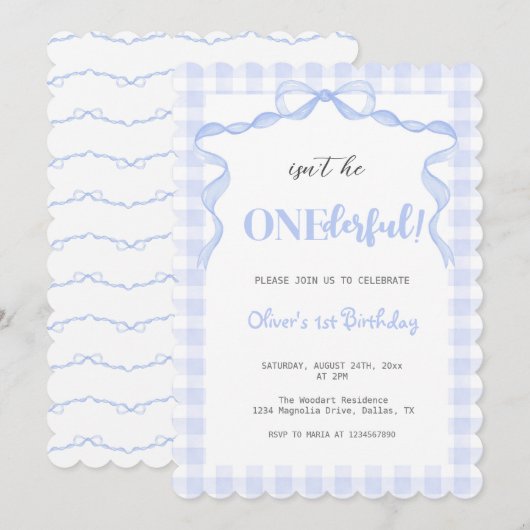 Blue Bow Onederful Boy 1e verjaardag Kaart (Voorkant / Achterkant)