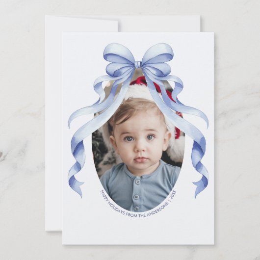 Blue Bow Oval Foto Kerstmis Feestdagenkaart (Voorkant)