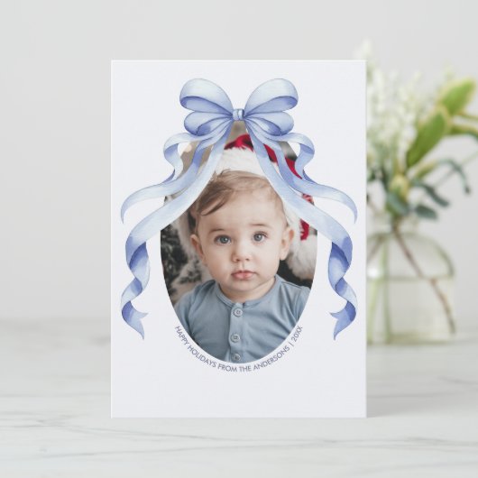 Blue Bow Oval Foto Kerstmis Feestdagenkaart (Staand voorkant)
