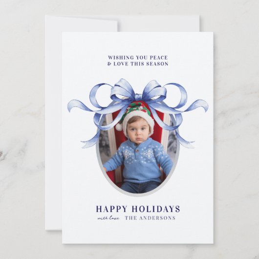 Blue Bow Oval Lijst Prettige feestdagen Feestdagenkaart (Voorkant)