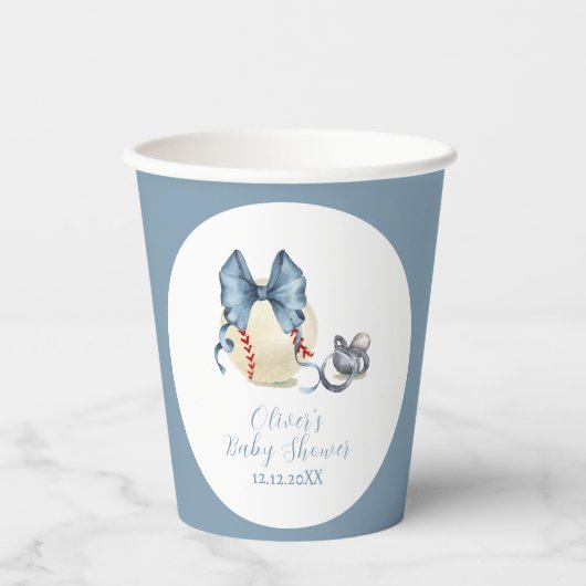 Blue Bow Pacifier Baseball Sport Baby Shower  Papieren Bekers (Voorkant)