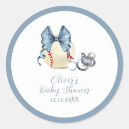 Blue Bow Pacifier Baseball Sport Baby Shower  Ronde Sticker