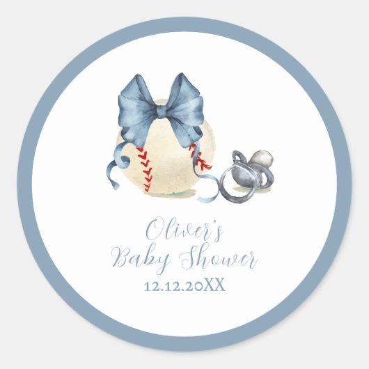 Blue Bow Pacifier Baseball Sport Baby Shower  Ronde Sticker (Voorkant)