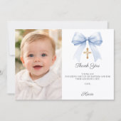 Blue bow photo boy gold cross Baptism Bedankkaart (Voorkant)